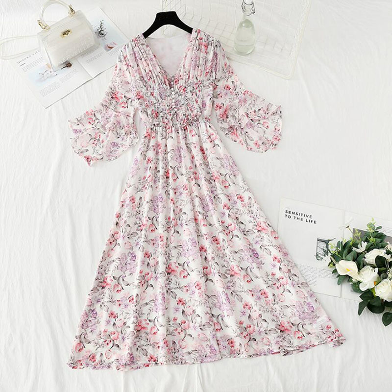 Women Summer Dress Fashion Floral High Waist Sweet Chiffon Long Dress Korean Style V-neck Flare sleeves Beach Dress 210521