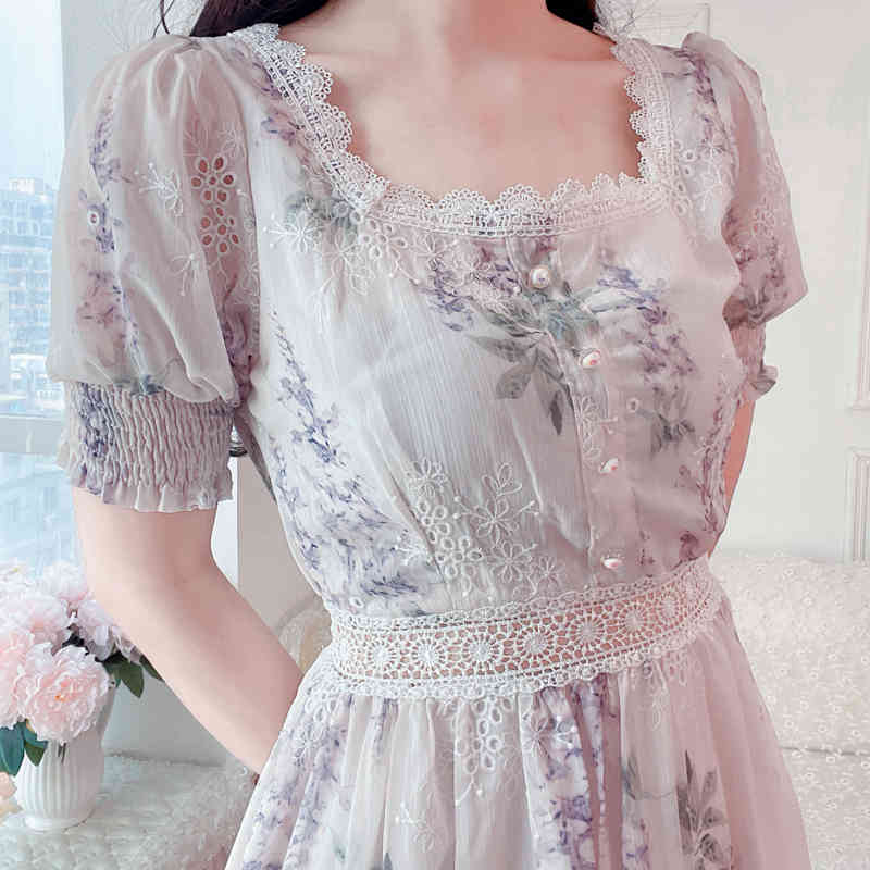 Women Dress Korean Summer Elegant Vintage Casual Floral Lace Splicing High Waist Fairy Midi Dresses 210519
