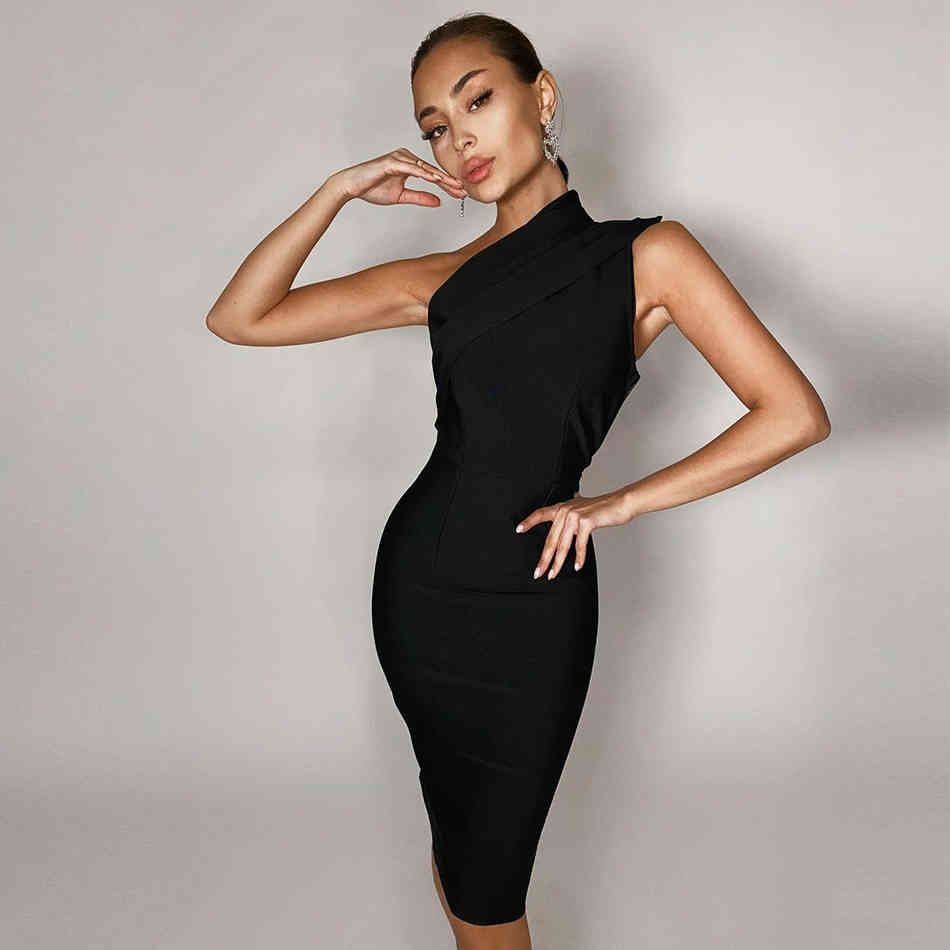 Summer One Shoulder Bodycon Bandage Dress Women Sexy Sleeveless Black Nude Draped Club Celebrity Runway Party Dresses 210423