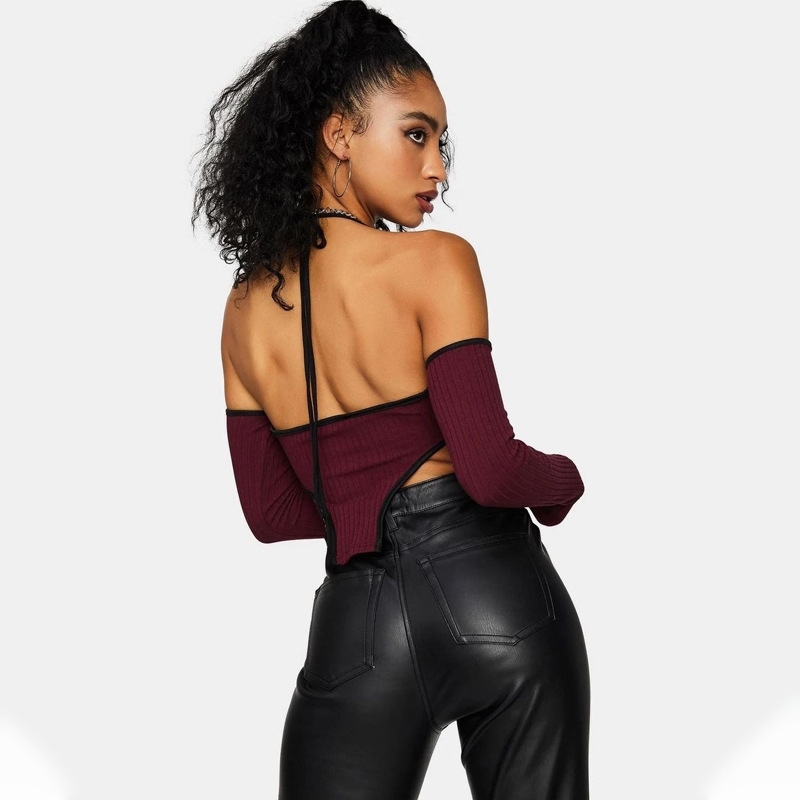 European and American spring tie neck sling independent long sleeve vest women's wear women tops crop tops 210602