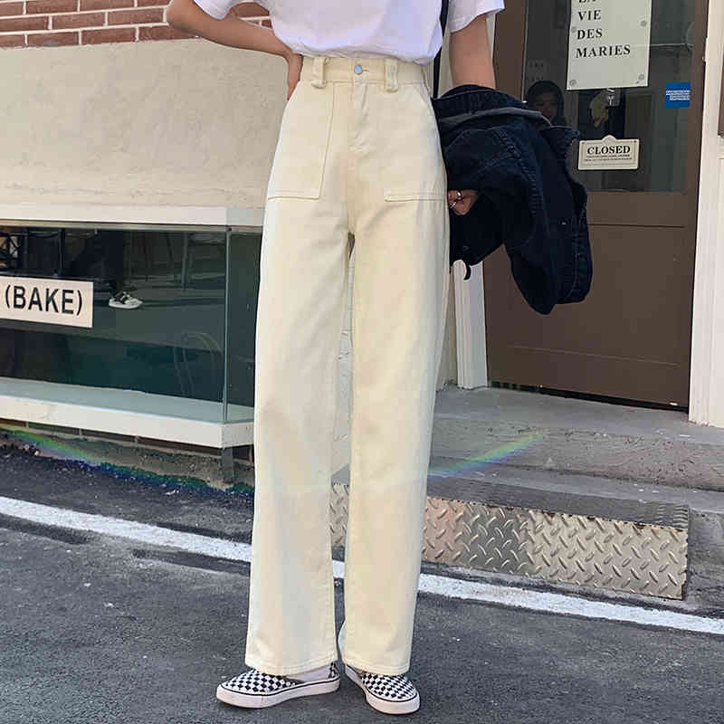 4Color SML spring autumn korean style loose women denim Pants Casual high waist Wide leg long denim jeans pants (F9013) 210423