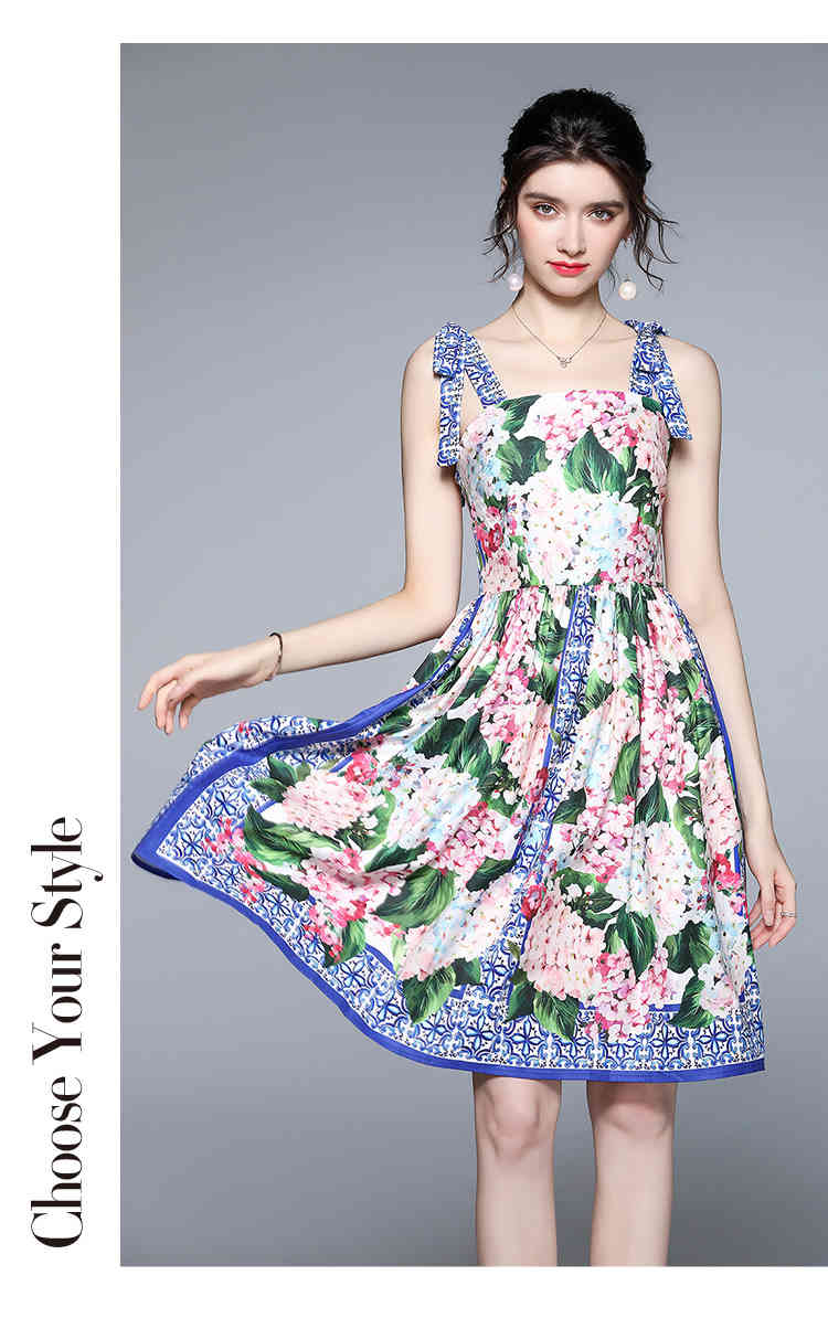 Fashion Summer Boho Dress Women's Spaghetti Strap Blue and white Floral Printed Casual Slim Dress vestidos 210518