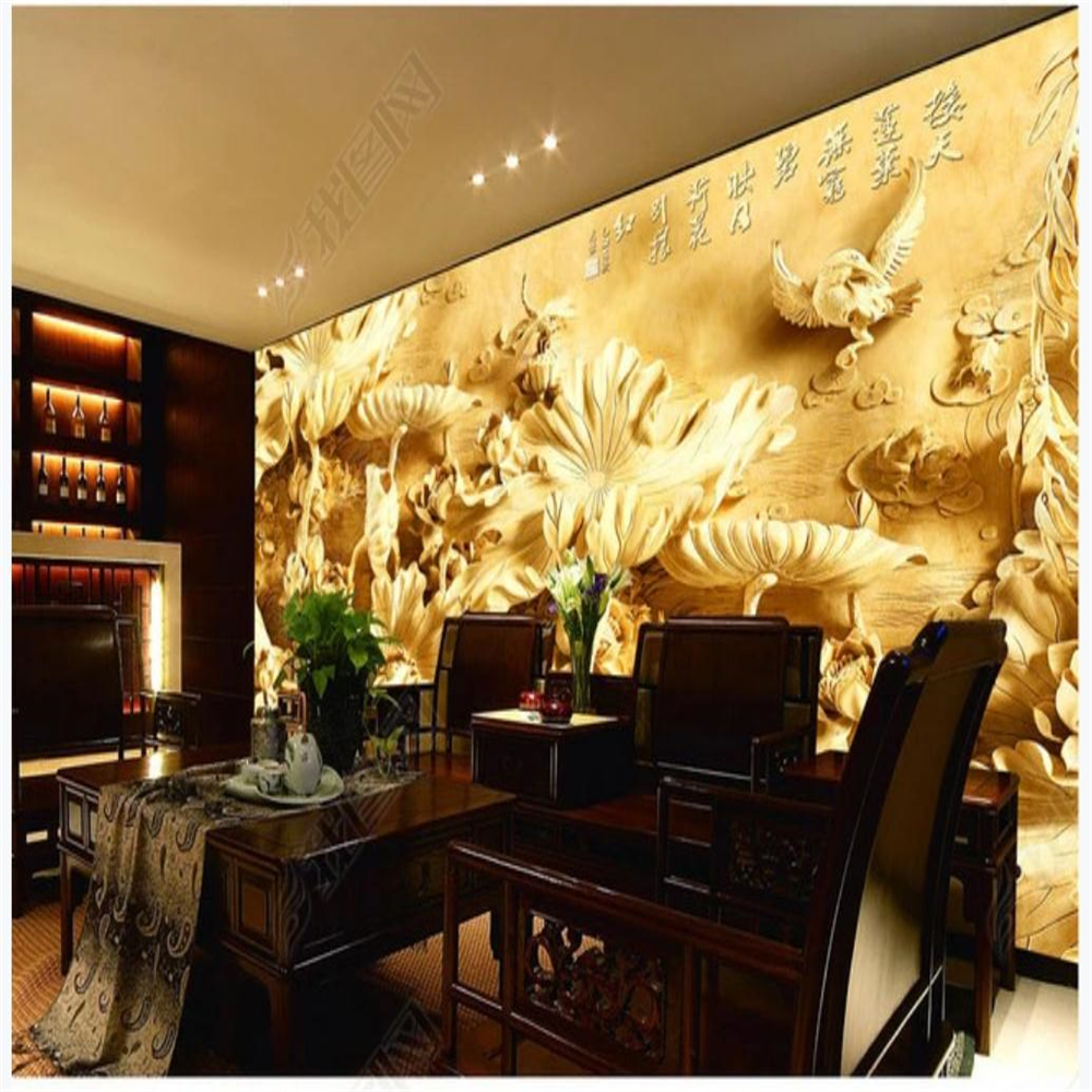 modern wallpaper 3D stereo wood carving lotus wallpapers living room background wall, Gold