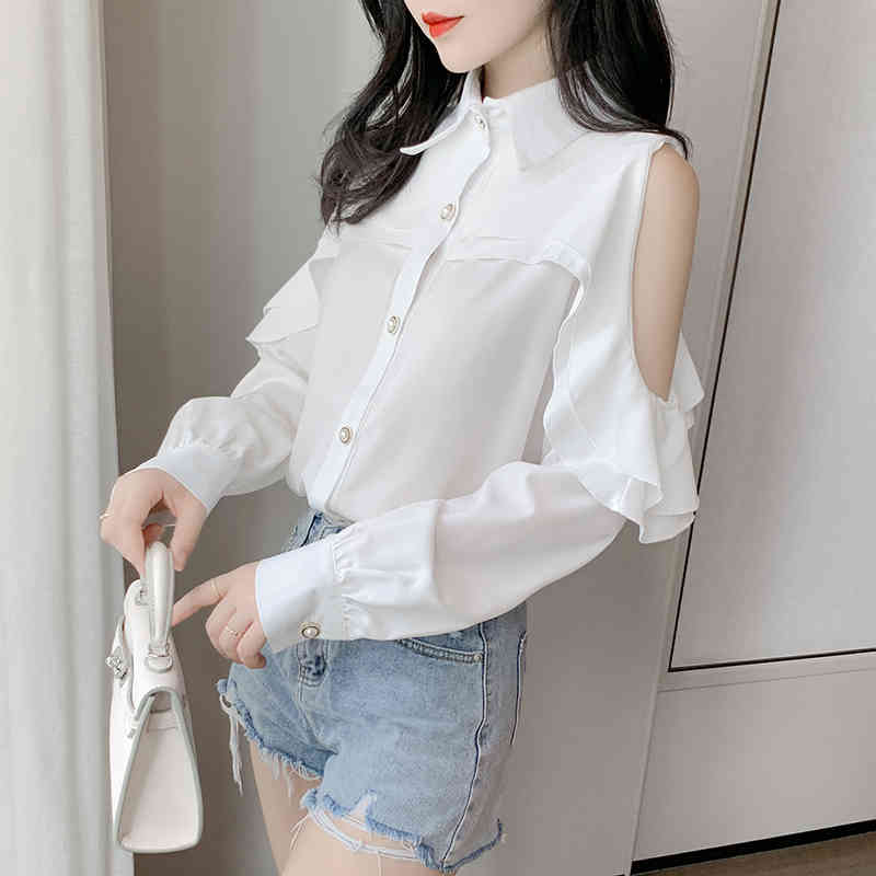 Women Temperament Korean Fashion Loose Reffles Turn-down Collar White Blouse Autumn Off-Shoulder Chiffon Shirt Blusas 10844 210518