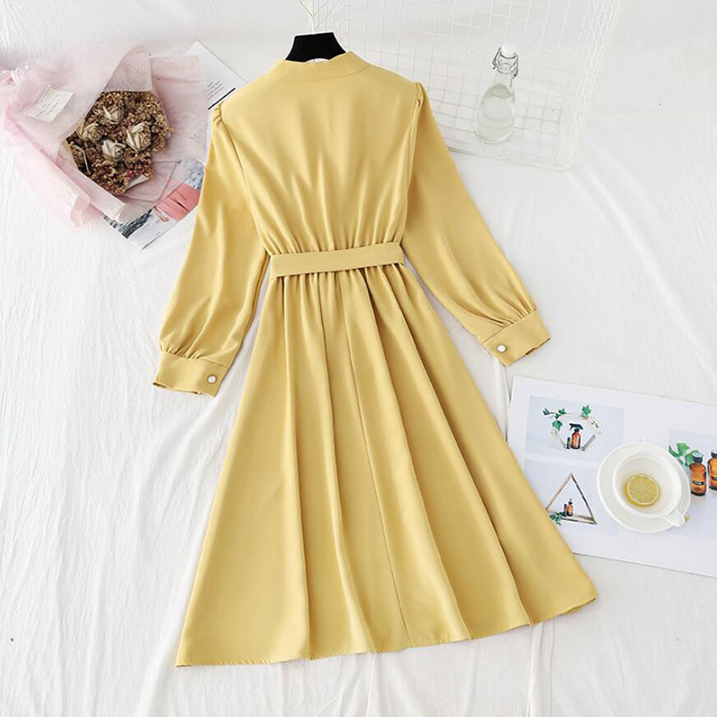 Solid Color Elegant Dress Women O-Neck Long Sleeve Buttons Bandage Dresses Spring A-line Office Ladies Midi Dress Vestido 210521
