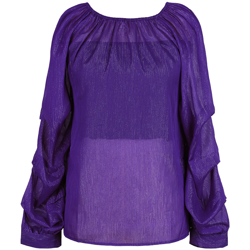 Fashion Chiffon Blouse Women Lantern Sleeve Top Female Autumn Vintage Purple Loose Sexy Perspective Shirt Blusa 11842 210427