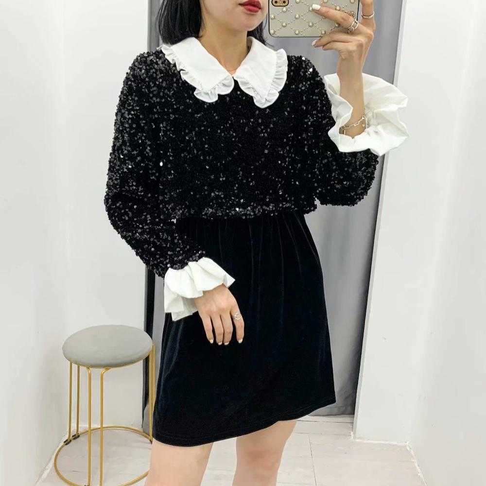 Zevity High Street Women Sweet Ruffles Peter Pan Collar Patchwork Sequins Mini Dress Female Black Velvet Casual Vestidos DS4583 210603