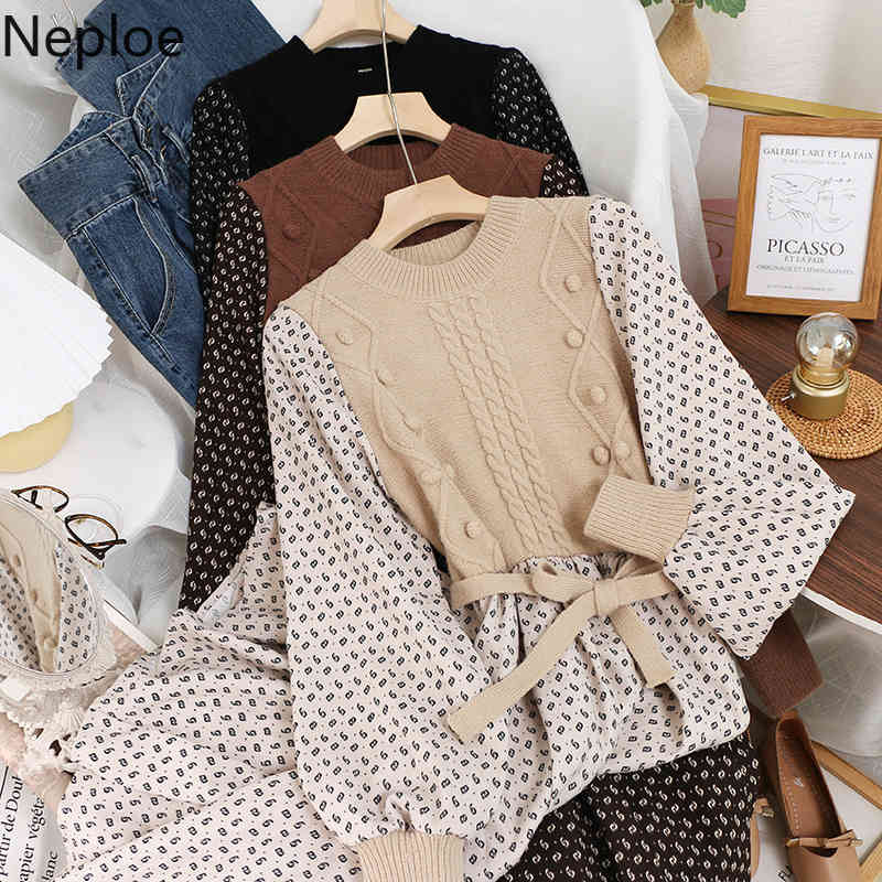 Neploe Patchwork Lnitted Ribbed Dress Slim Waist Lace Up Floral Vestidos O-neck Long Sleeve Vintage Robe Dresses for Women 4G305 210422