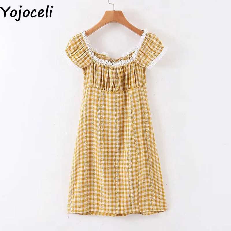 Yojoceli Sexy plaid off shoulder lace short dres Summer elegant casual cool bodycon Beach daily mini vestidos 210609