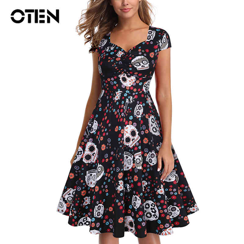 OTEN Halloween Summer skater dress elegant Vintage Red Sugar Skulls Flower print 50s rockabilly Evening Party Plus size Dresses 210409