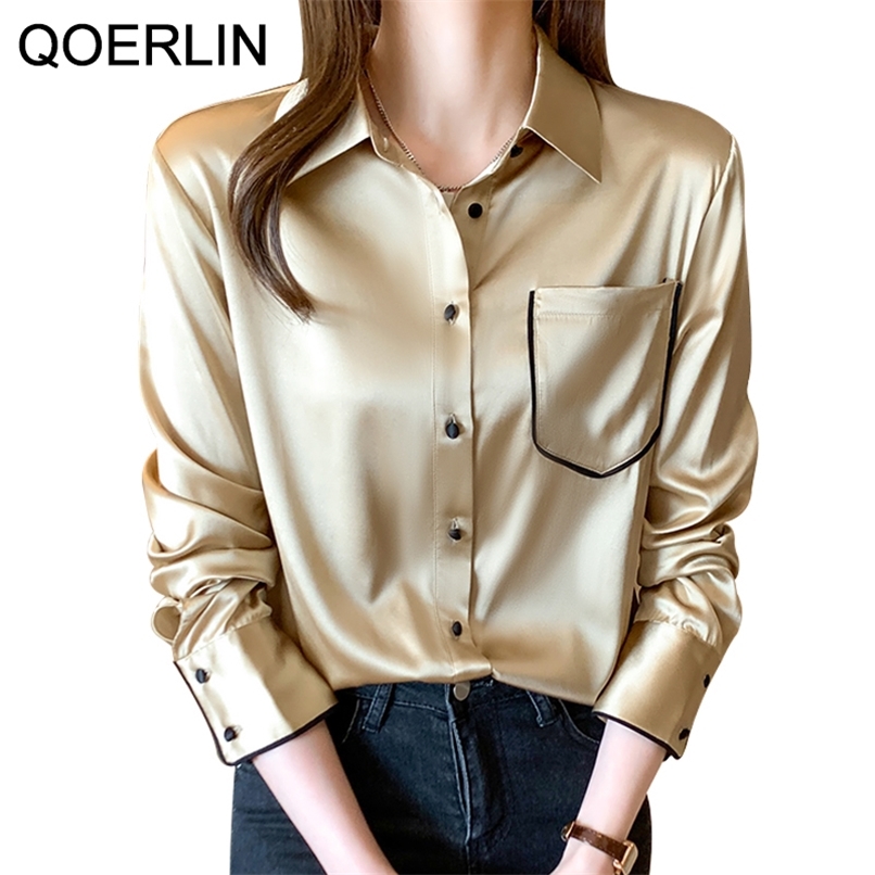 OL Style Ladies Satin Shirt Women Long Sleeve Single-breasted Button Blouse Plus Size Tops Chic Workwear Top 210601