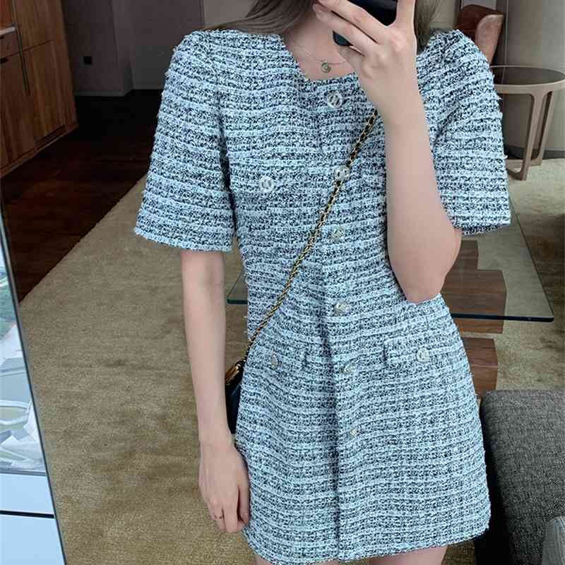Women Summer Tweed Office Party Dresses Arrival Fashion Vintage Dress Robe Femme Vestidos 210520