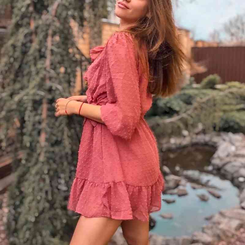 vintage women elegant ruffles midi dress fashion ladies sweet flocking boho es party female cute girls chic 210430