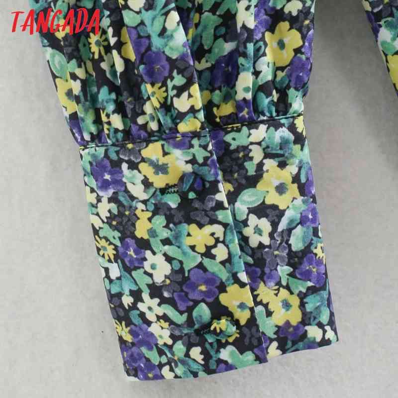 Women Retro Green Flowers Print Chiffon Shirt Blouse Long Sleeve Chic Female Tops XN301 210416