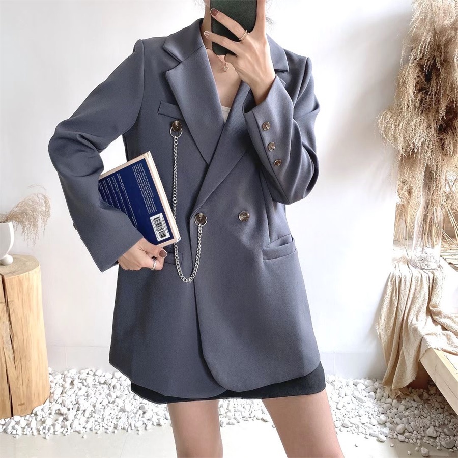 OL Notched Vintage Solid Double Breasted Blazer Coat Autumn Formal Chain Decoration Women Blazers Suit Jacket 210421