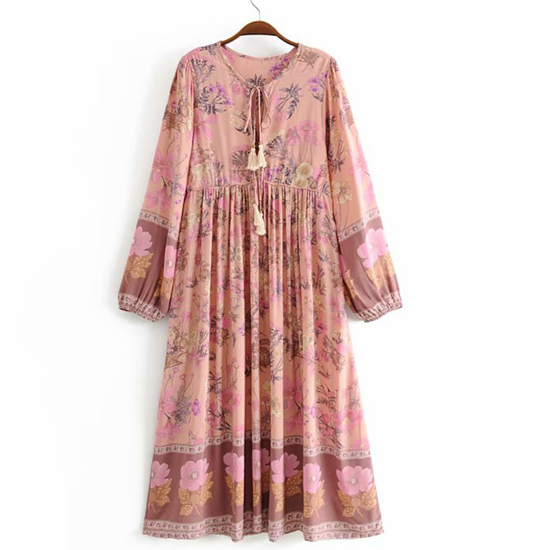 V-neck Vacation Style Waist Tassel Female Dress Solanum Print Long-sleeved Seaside Beach Female Dress Summer 210507