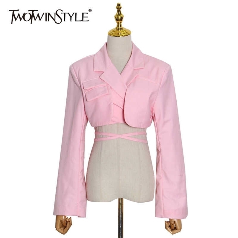 TWOTWINSTYLE Cross Short Black Blazer For Women Notched Long Sleeve Hollow Out Casual Blazers Female Fashion Clothing 211122