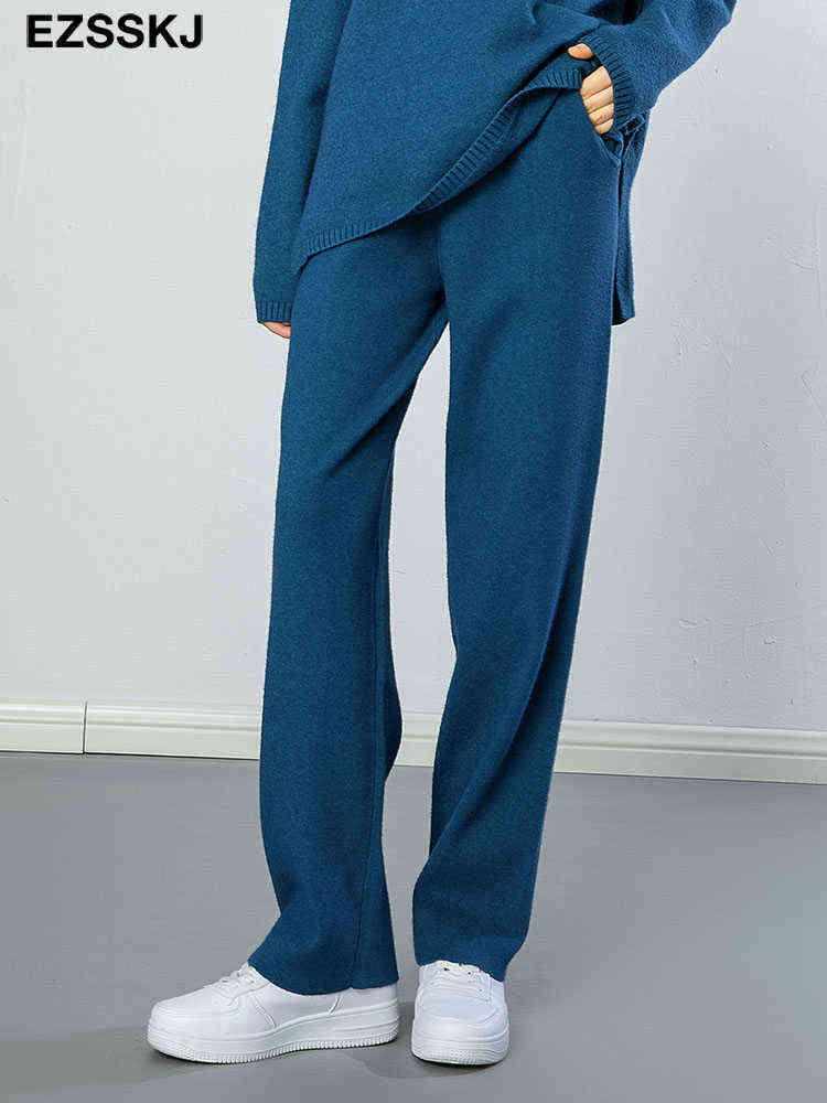 Women Elastic Waist HIGH Quality wide lege Trousers Thick Knitted Autumn Winter Sport pants sweater cashmere 211124Z