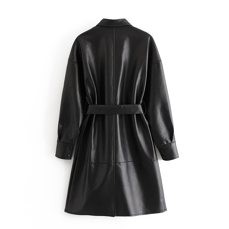 winter belt Faux Leather Jacket women long coat sleeve Motorcycle Coat ladies black leather spring 210521