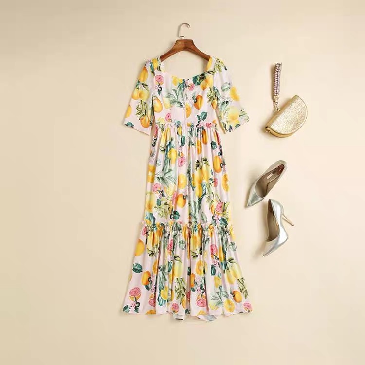 runway celebrity style summer holiday beach square collar short sleeve tropical lemon floral printed midi ruched dresses 210421