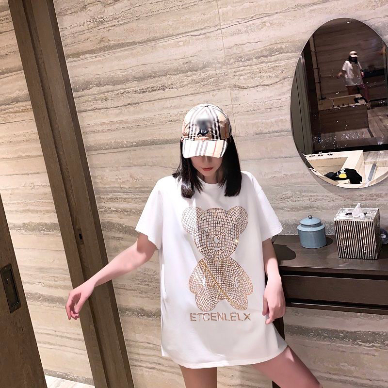Beading Bear Women T-shirt Harajuku Oversize Short-Sleeved HIp Hop Women Cotton Loose Crystal Maxi Korean Female Clothes 210406