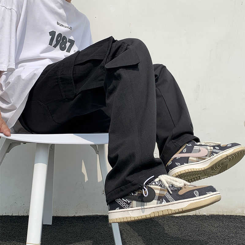 Autumn Casual Pants Men's Fashion Outdoors Straight Wide Leg Black White Multi-pocket Hip Hop Tooling Work Jeans Loose Trousers 211009