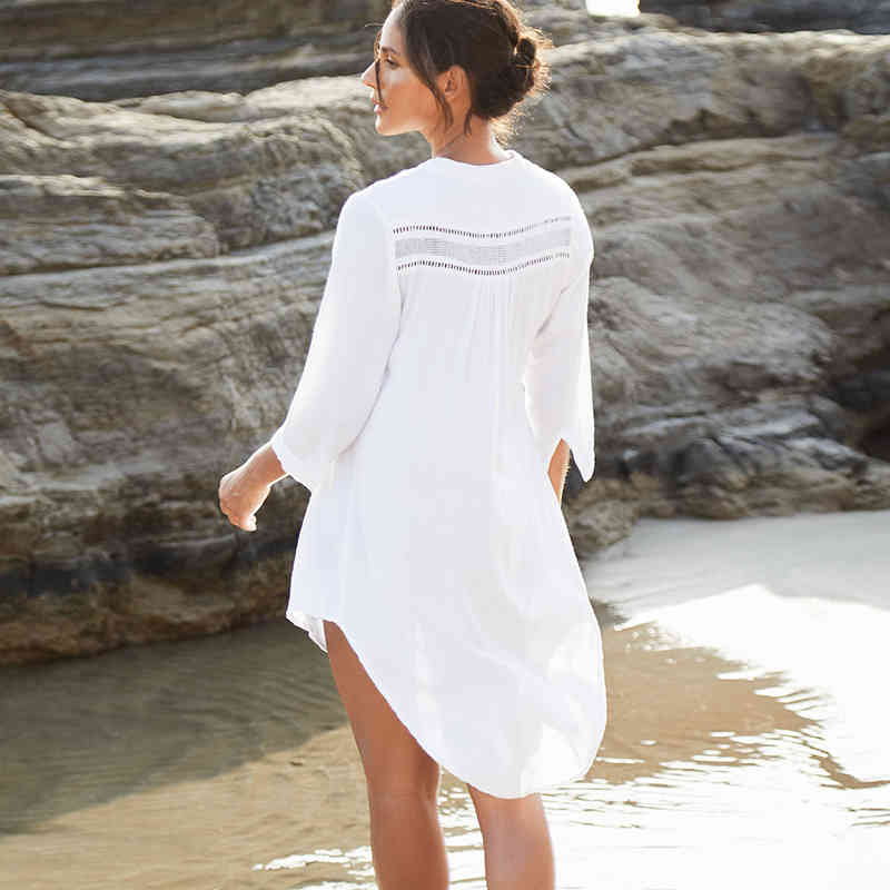 Beach Cover up Cotton White Sarong Bikini Bathing Suit Women wear Swimsuit Pareo Tunic #Q833 210420