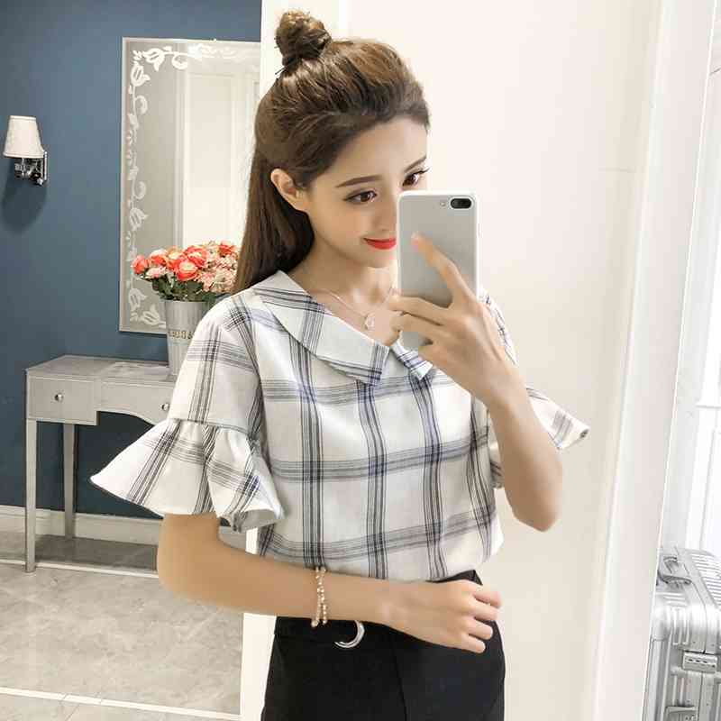 fashion sweet lady short sleeved blouses plaid women tops peter pan collar clothing summer casual shirts 0426 40 210506