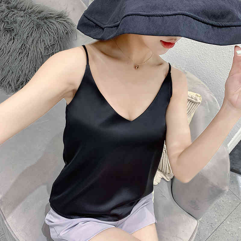 Silk Camis Women Satin Tops Sexy V Neck Vest Basic Tank Woman Sleeveless Solid Plus Size Summer Clothes 13694 210506
