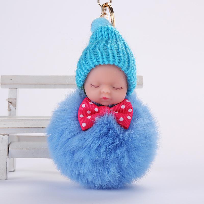 

Keychains Bow-Knot Pom Key Ring Fake Fur Ball KeyChain Pompom Sleeping Baby Doll Fourrure Pompon Women Bag Charms Jewelry