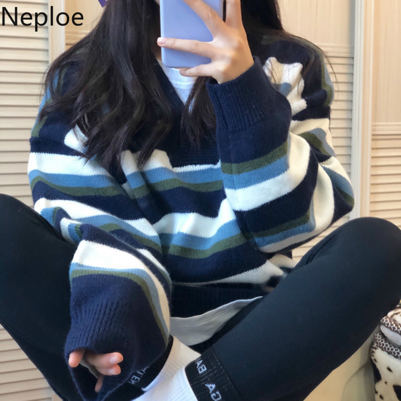 Neploe Preppy Style Knitted Pullovers Coat Chic Vintage Sweaters for Women Thicked All-match Striped Jumper Oversized Outwear 210422
