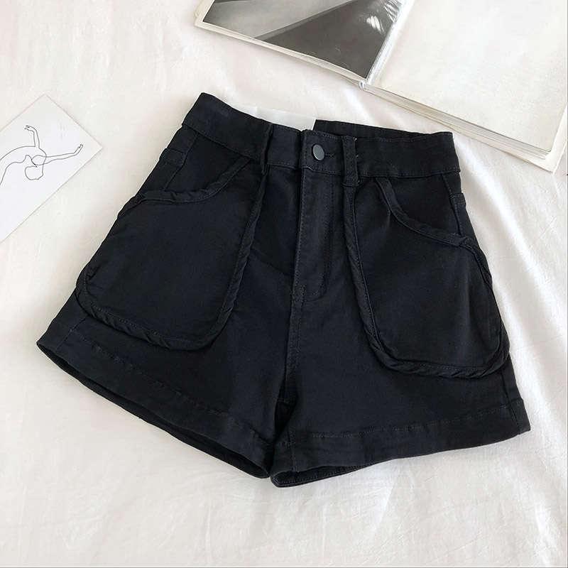 Pockets Denim Shorts Women Casual Summer Vintage Black White High Waist Wide Leg Sexy Jeans Beach Pants C6238 Women's