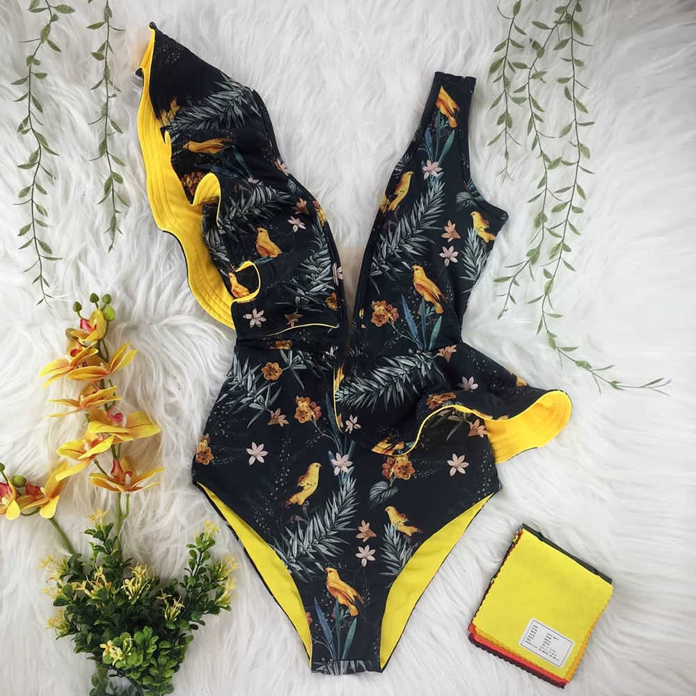 Sexy Ruffle Print Floral Swimsuit Off The Shoulder Swimwear Women Solid Deep-V Beachwear Bathing Suit Monkini 210702