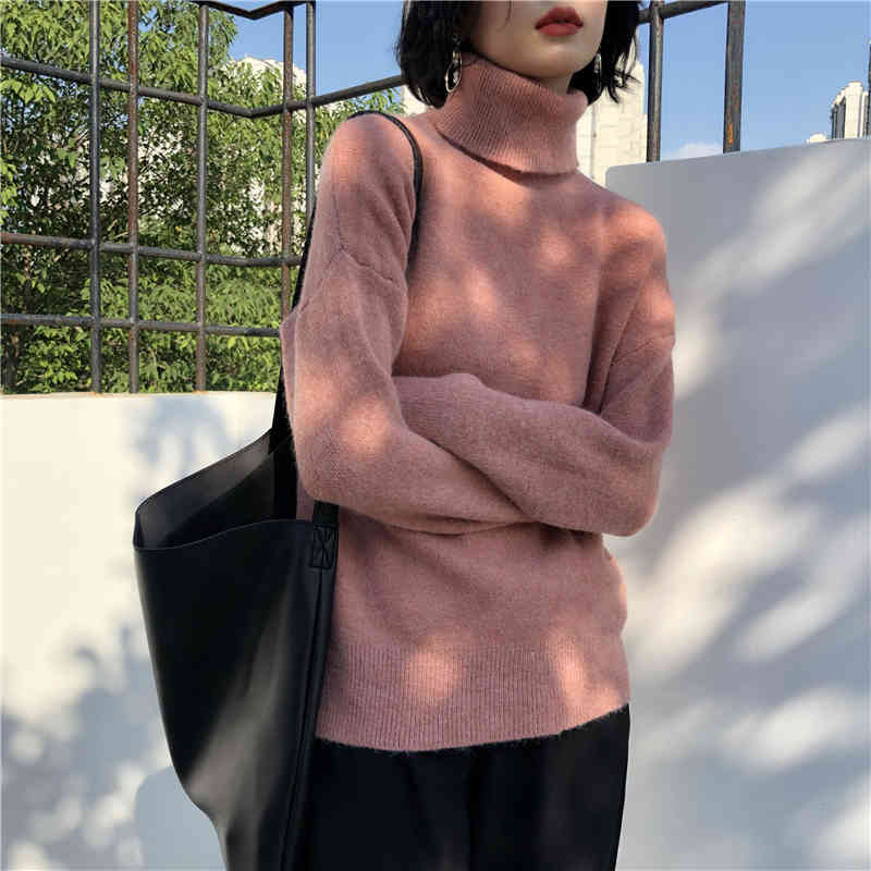 Autumn Winter OL Outwear Tops Turtleneck Bottoming Sweater Women Elegant Solid Long Sleeve Knitted Sweaters 210421