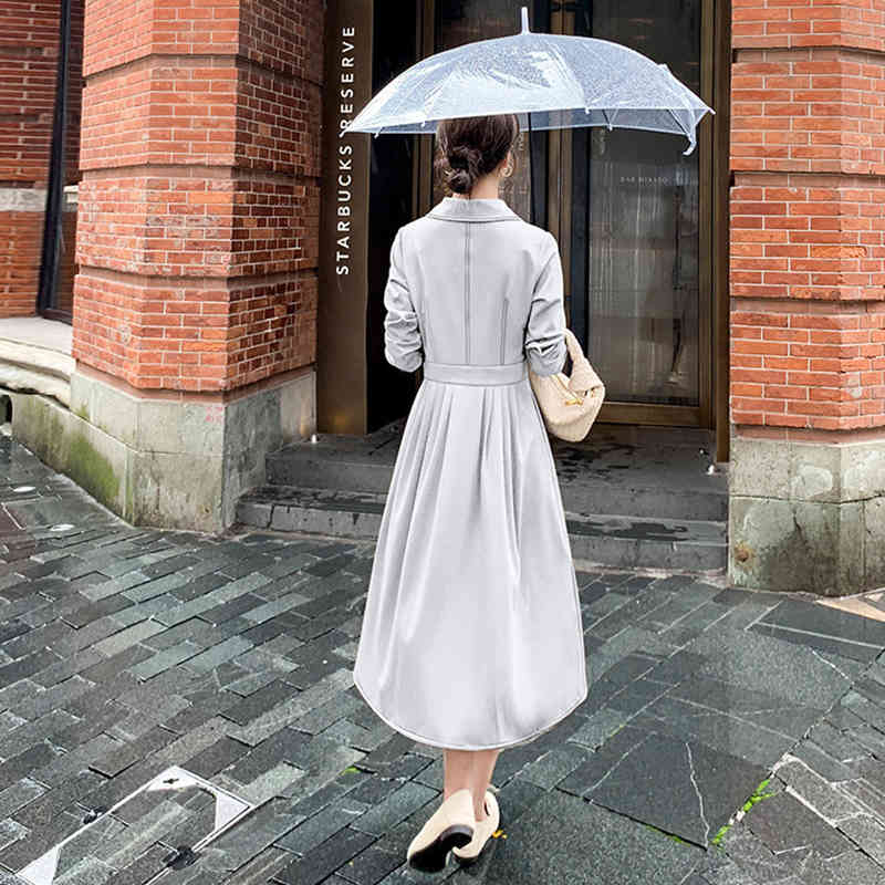 SHENGPLLAE Elegant Open Line Dress Women's Spring Peter Pan Collor Single Breasted Loose Long Sleeve Mid-calf Dresses 210427