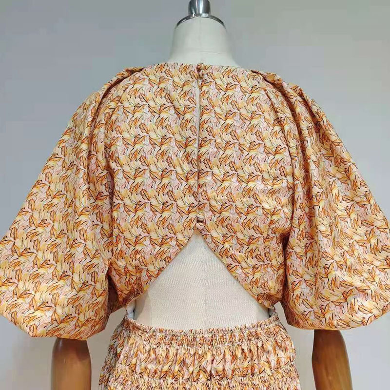 VGH Print Casual Dress For Women O Neck Lantern Short Sleeve High Waist Hollow Out Bodycon Dresses Female Summer Fashion Clothes 210421