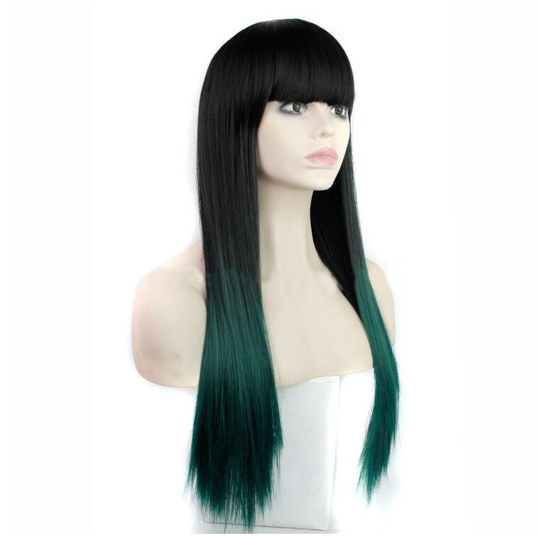 New Fashion Long Straigh Black Ombre Green Synthetic wig with Qi Bangs women's Hair wigs for life Cosplay