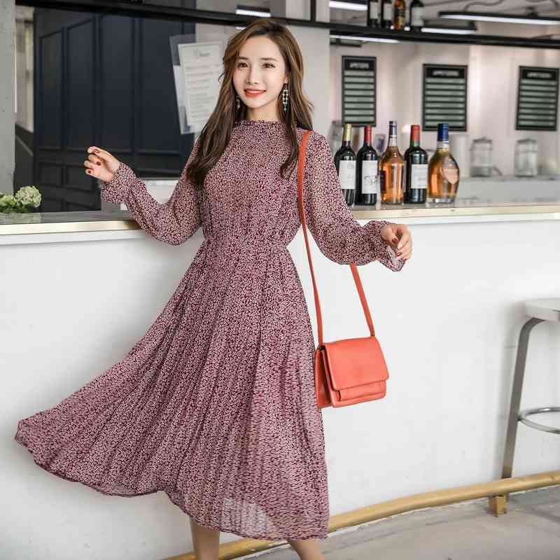 Spring A-line Long Chiffon Elegant Stand Collar Floral Print Women Full Sleeve Elastic Slim Waist Dress 210416