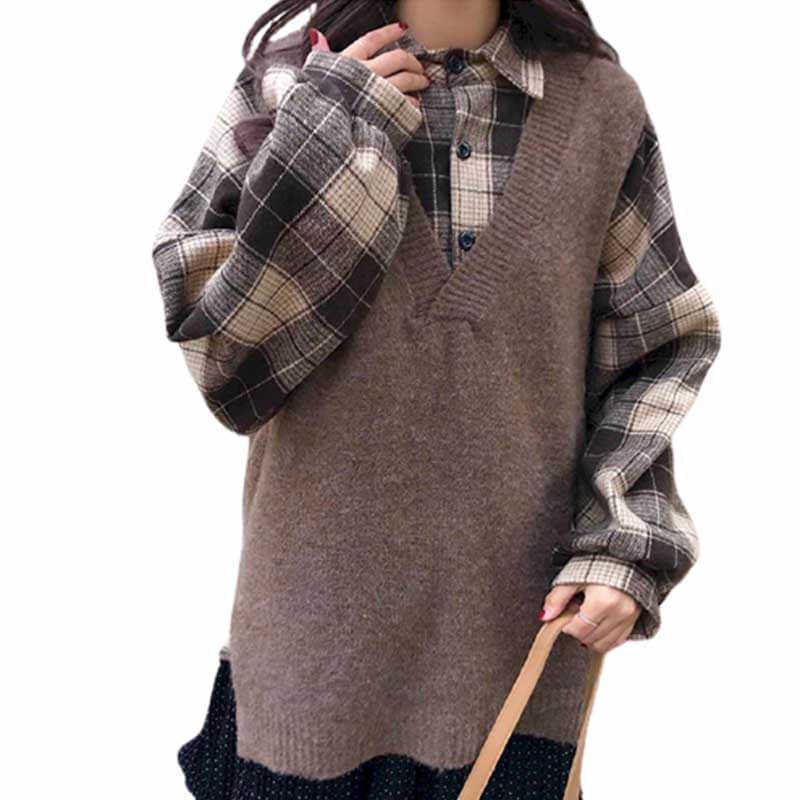 fall lazy knitted vest women plaid shirt loose two-piece Korean version the V-neck sleeveless pullover sweater outer wear 210526