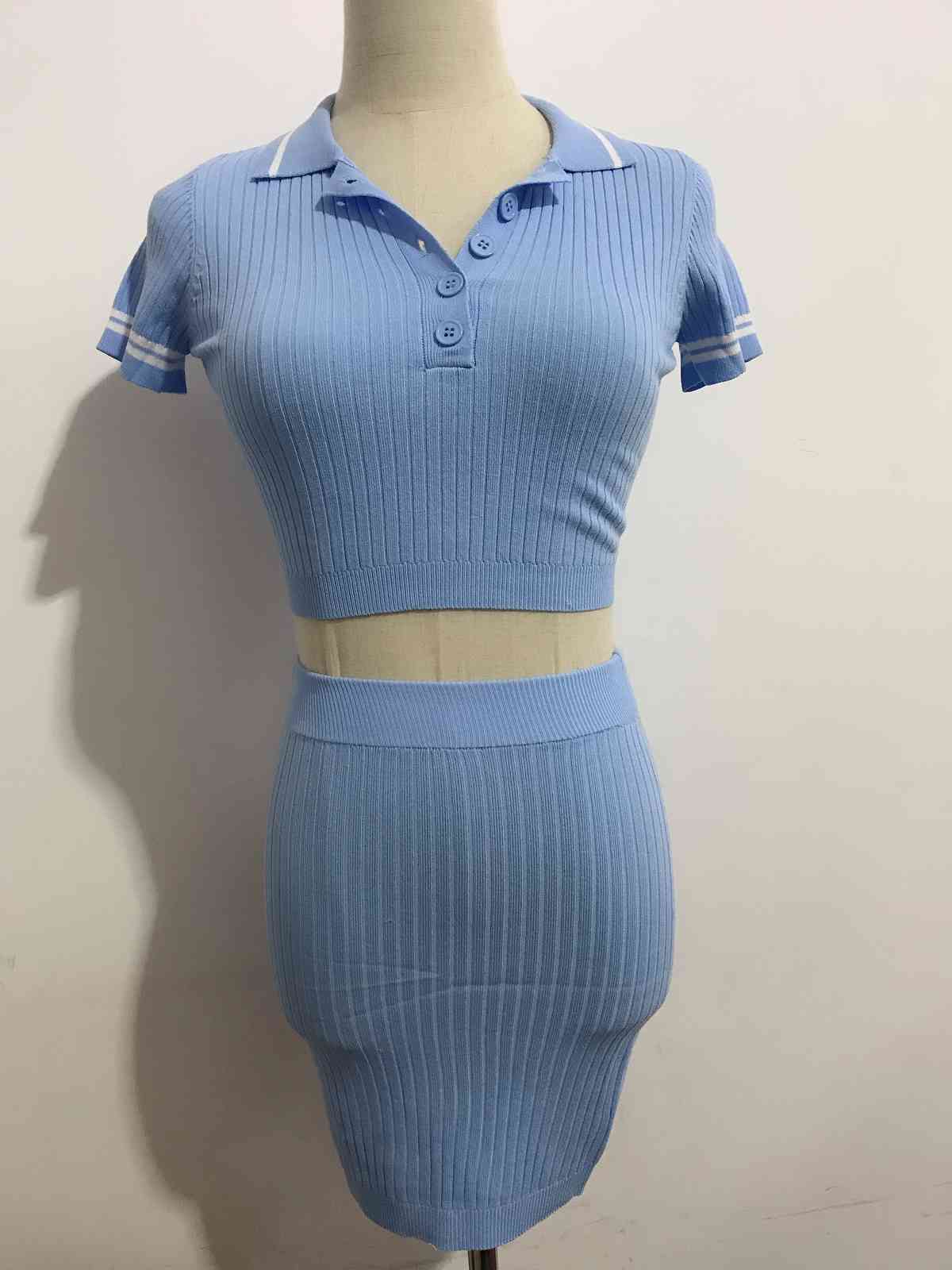 Lapel Knitted Short Sleeve T-shirt Casual Women Package hips Mini Skirt Crop Top Pullover Tee Tops 2 Pieces Set 210429