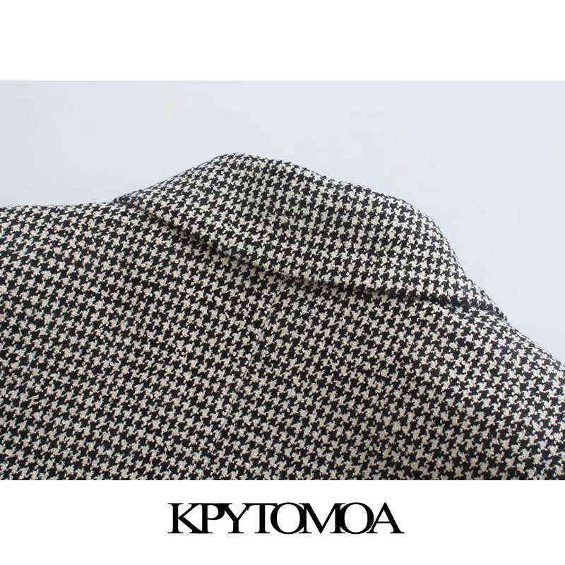 KPYTOMOA Women Fashion Houndstooth Fitted Blazer Coat Vintage Long Sleeve Flap Pockets Female Outerwear Chic Veste Femme 211122