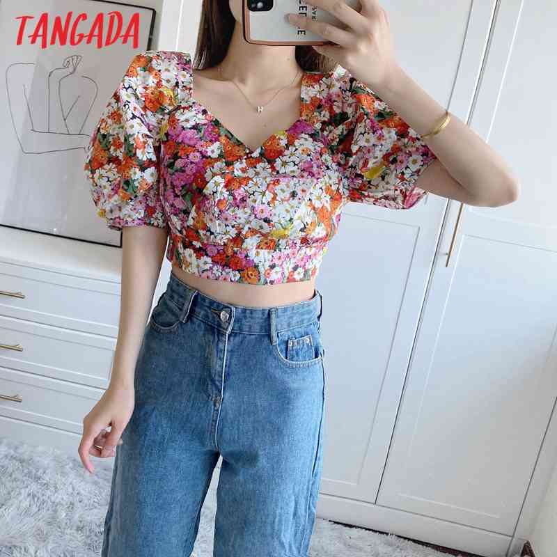 Women Retro Print Crop Short Sleeve Summer Chic Female Sexy Slim Shirt Tops 5Z41 210416