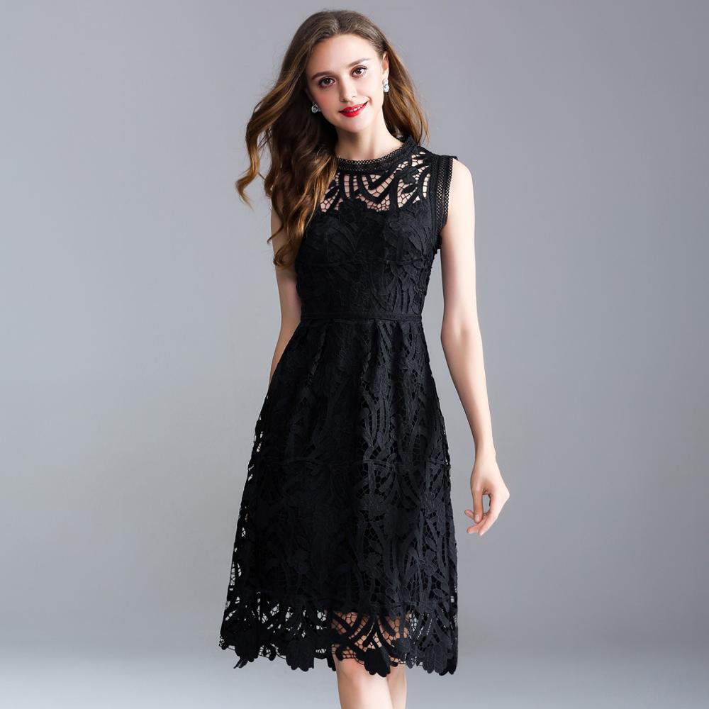 summer new European and American large size women's solid color sleeveless openwork embroidery lace A word dress 210409