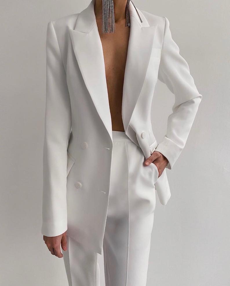 White Bridal Wedding Suits Peaked Lapel Long Sleeve Bride Photography Outfits Leisure Evening Party Wear (Jacket+Pants)