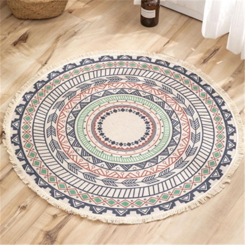 Bohemia Round Carpets Ethnic Tassel Yellow Mandala Carpet Living Room Cotton Linen Big Rugs Modern Classic 90/120cm Mats Decor