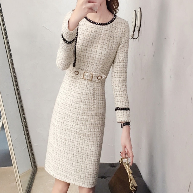 Comelsexy Tweed Dress Women Spring Vintage Wool Plaid Dresses Female Elegant Woolen Dress Ladies Office Vestidos 210515