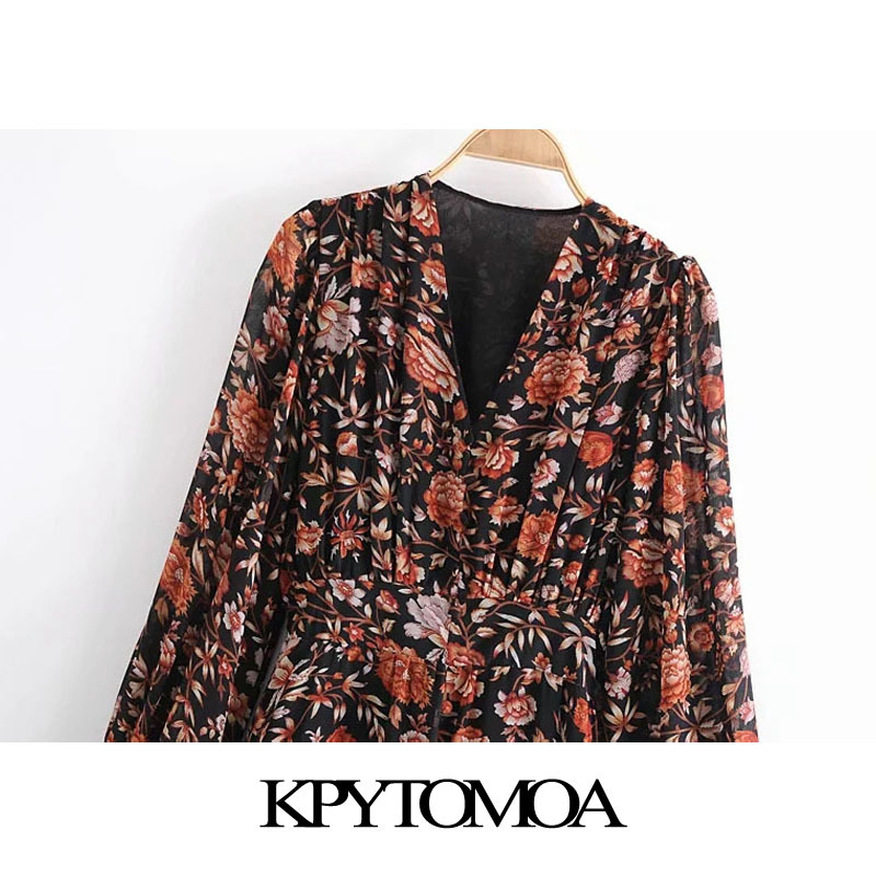 Women Chic Fashion Floral Print Pleated Midi Dress Puff Sleeve With Lining Female Dresses Vestidos Mujer 210420