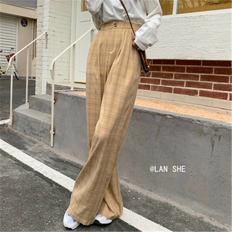Korean Plaid Straight Casual Geometric Trousers Elegant Leisure Women Slim Brief Stretwear Loose Female Pants 210421