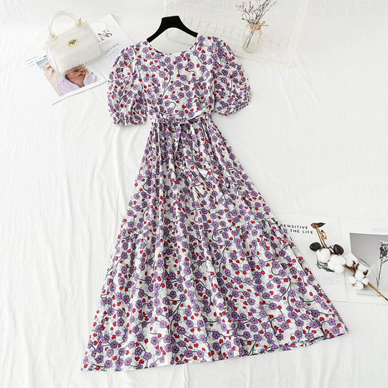 Cotton Linen Printing Summer Dress Vintage Casual Square Collar Short Sleeve Floral Midi Dresses Women Elegant Vestidos 210521