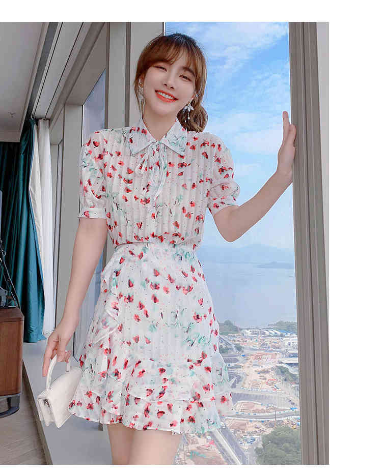 Summer Two-piece Set Women Chiffon Flower Print Lapel Short Sleeve Blouses + Ruffles Mini Skirt Female Sweet Outfit 210519